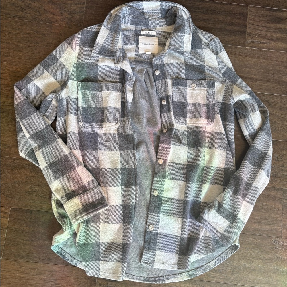 Thread Supply Lewis Gray and White Plaid Button-Up Shirt